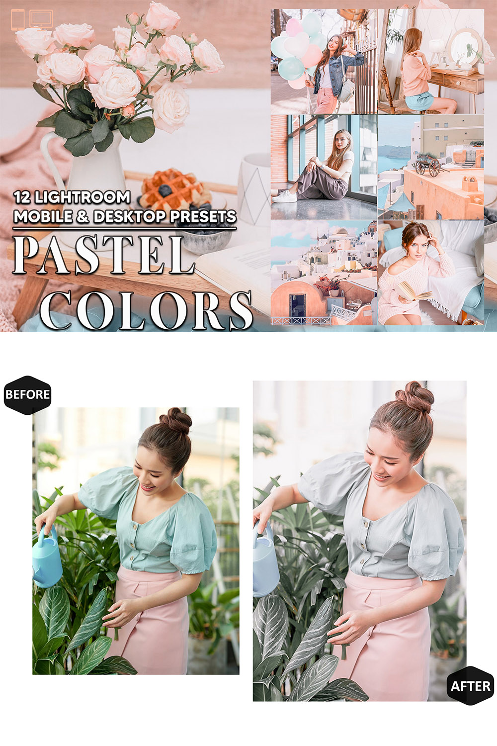 12 Pastel Colors Lightroom Presets, Bright Soft Mobile Preset, Spring Desktop LR Filter DNG Lifestyle Theme For Blogger Portrait Instagram pinterest preview image.
