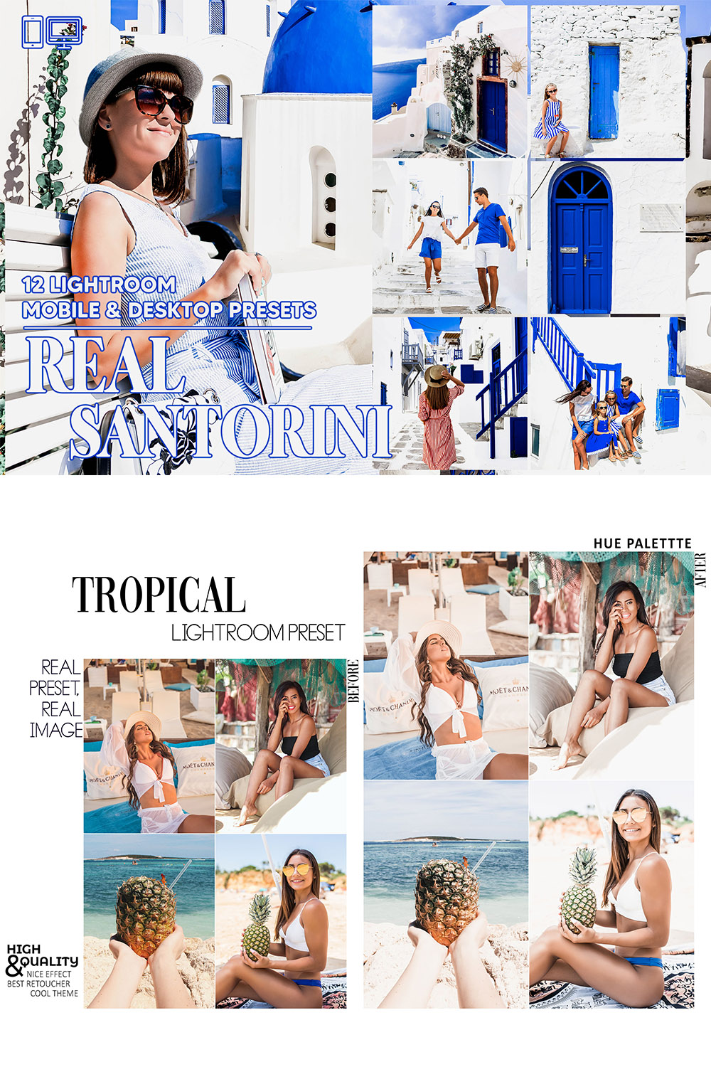 12 Real Santorini Lightroom Presets, Travel Mobile Preset, Spring Desktop LR Lifestyle DNG Instagram Beach Filter Theme Portrait Season Blue pinterest preview image.