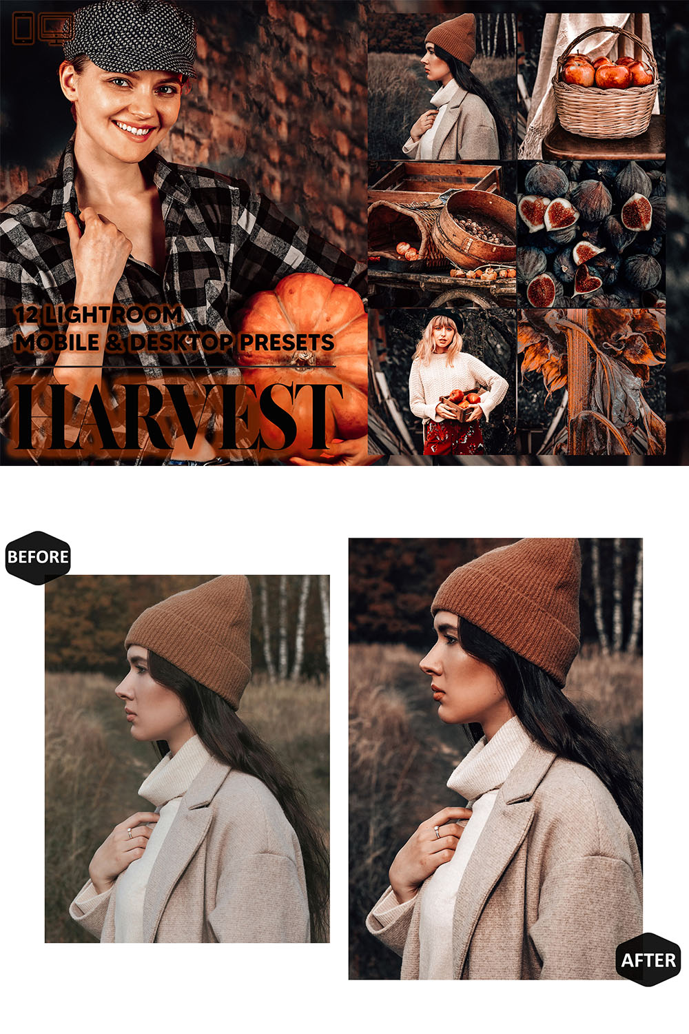 12 Harvest Lightroom Presets, Autumn Mobile Preset, Moody Fall Desktop, Lifestyle Portrait Theme For Instagram LR Filter DNG Orange Village pinterest preview image.