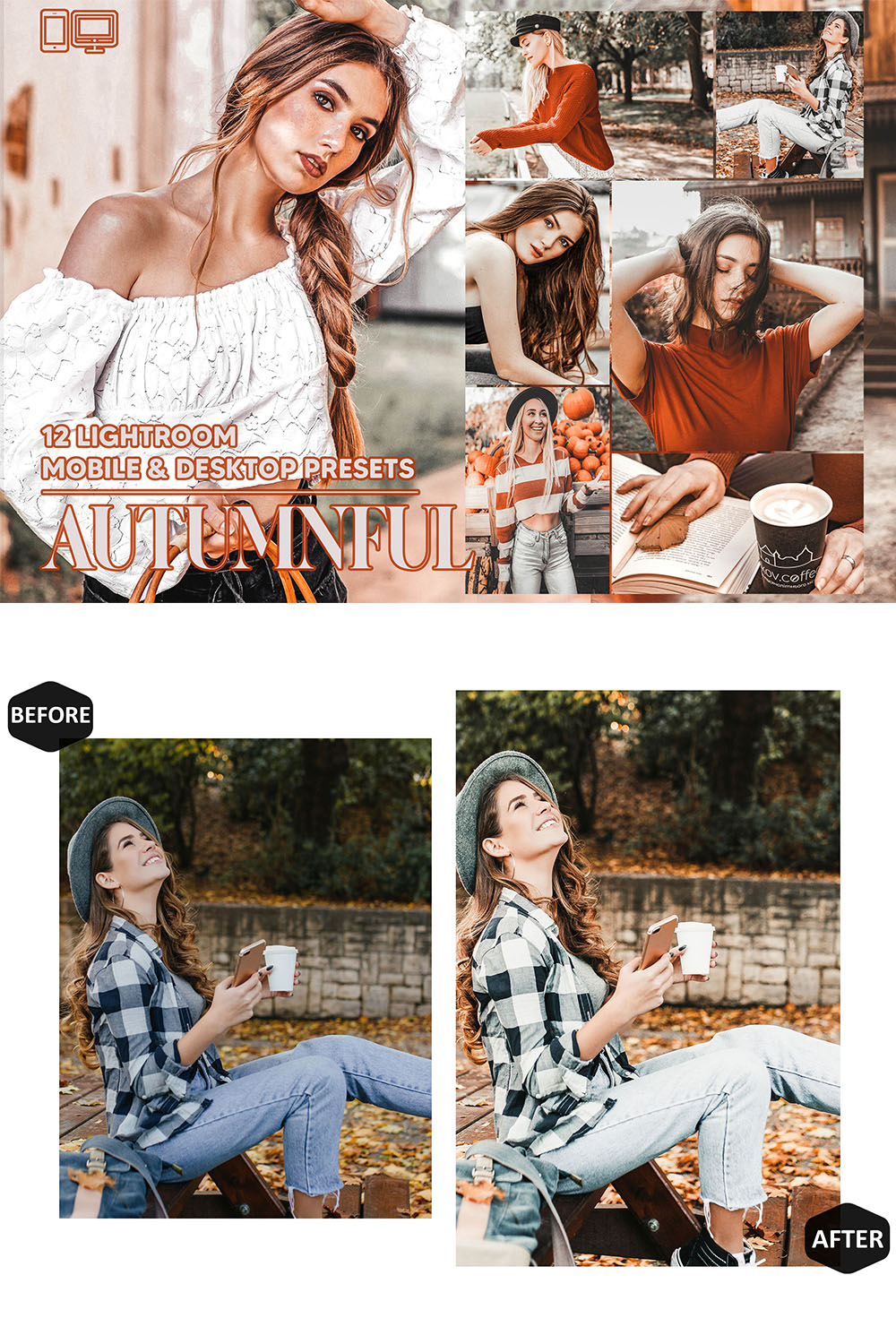 12 Autumnful Lightroom Presets, Fall Mobile Preset, Warm Desktop LR Lifestyle DNG Instagram Rustic Filter Theme Portrait Season pinterest preview image.