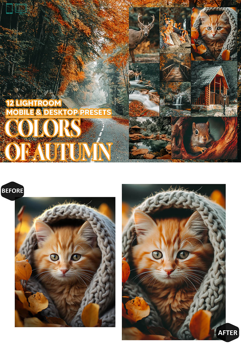 12 Colors of Autumn Lightroom Presets, Black Nature Mobile Preset, Moody Desktop LR Filter Lifestyle Theme For Blogger Portrait Instagram pinterest preview image.