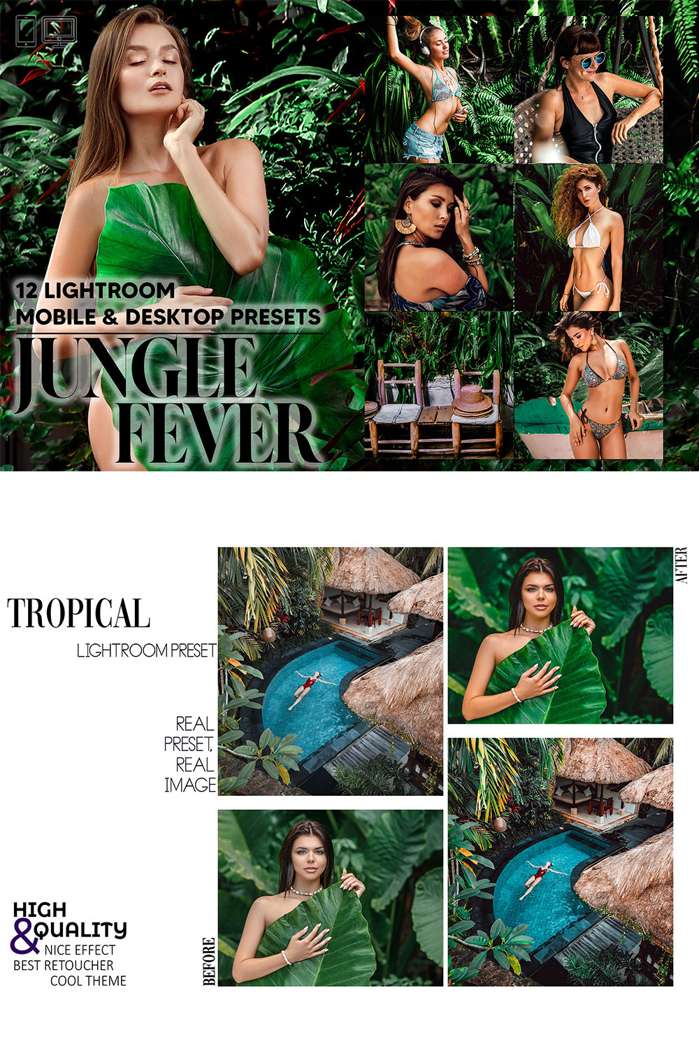 12 Jungle Fever Lightroom Presets, Tropical Mobile Preset, Moody Forest Desktop Lifestyle Portrait Theme For Instagram LR Filter DNG Natural pinterest preview image.
