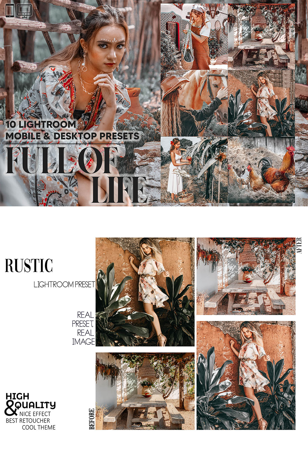 10 Full Of Life Lightroom Presets, Rustic Mobile Preset, Summer Girl Desktop, Lifestyle Portrait Theme Instagram LR Filter DNG Nature Boho pinterest preview image.
