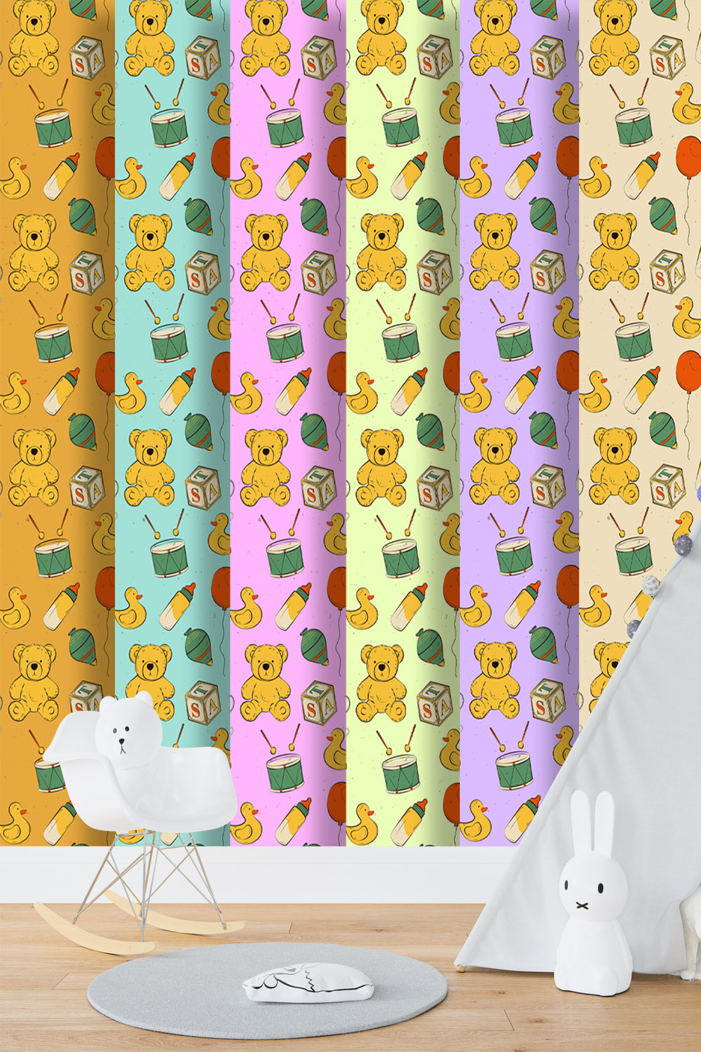 Vintage Seamless Pattern Textures With Baby Toys For Gift Wrapping & Kids Room Decor pinterest preview image.