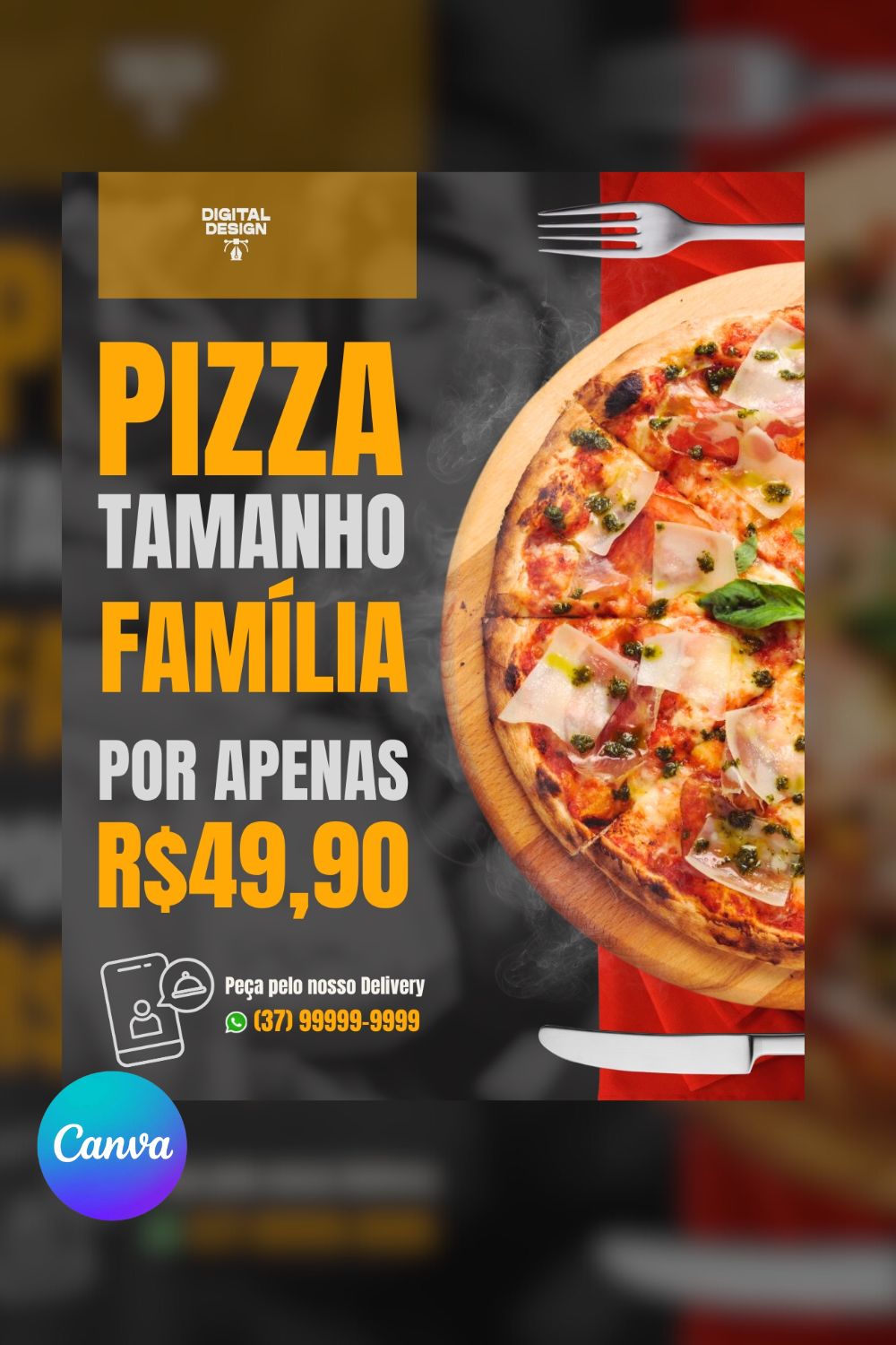 Pizza Social Media Post Canva Template pinterest preview image.