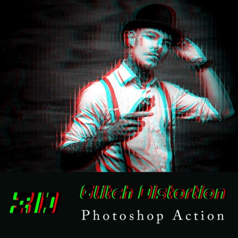 3D Glitch Distortion Photoshop Action cover image.