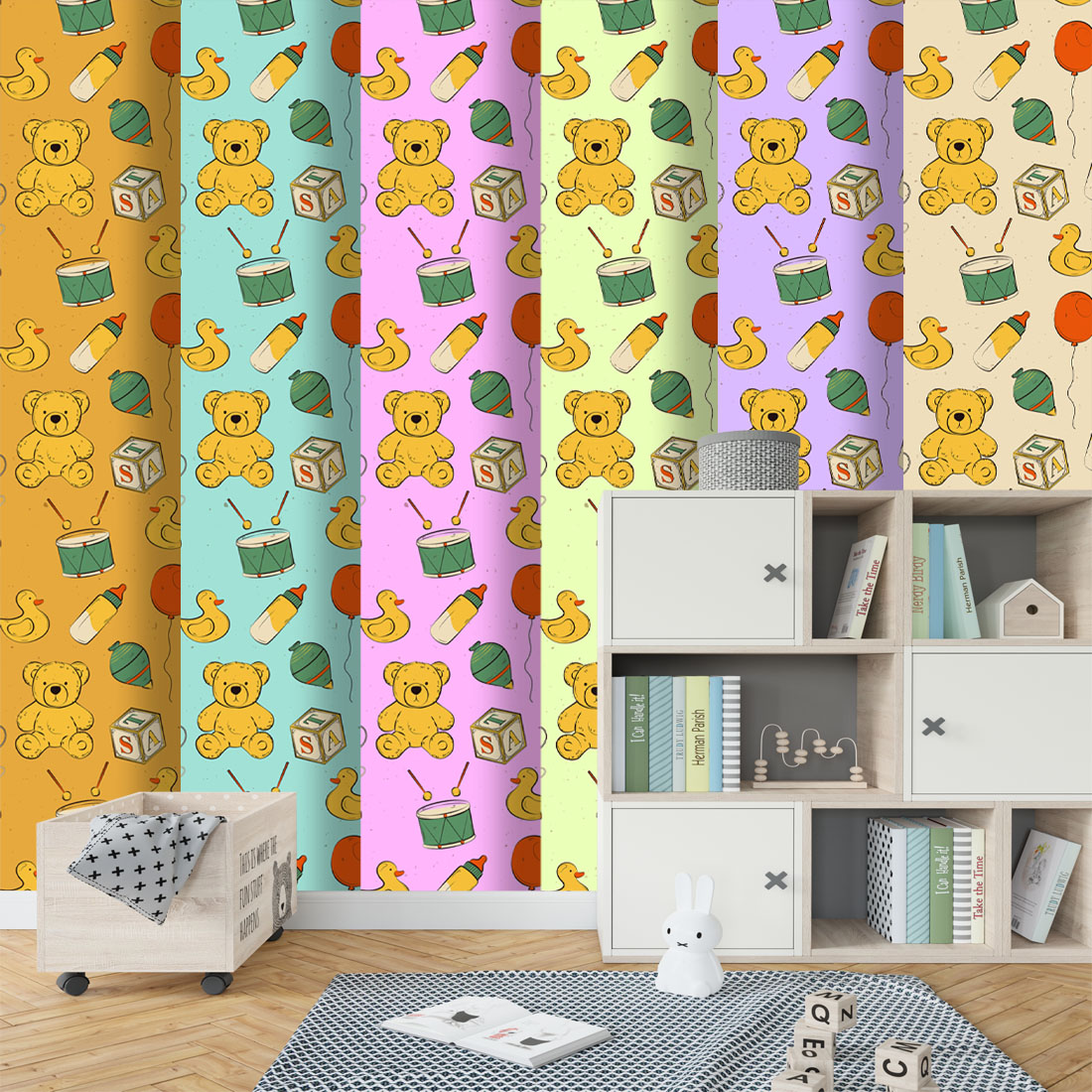 Vintage Seamless Pattern Textures With Baby Toys For Gift Wrapping & Kids Room Decor preview image.