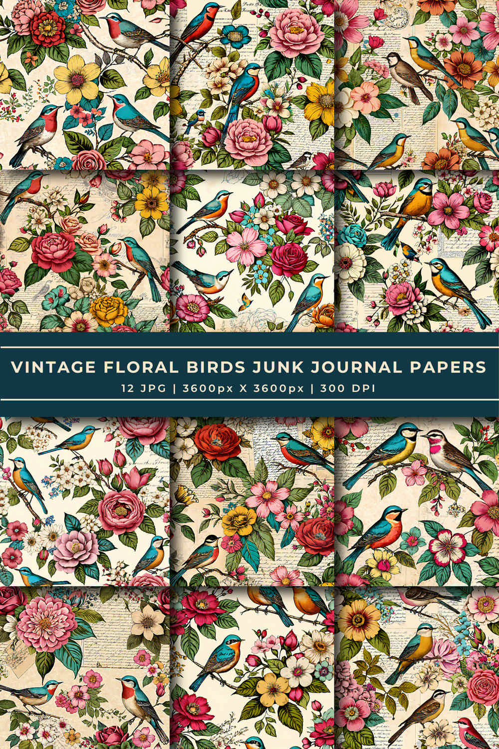Vintage Floral Birds Junk Journal Papers pinterest preview image.