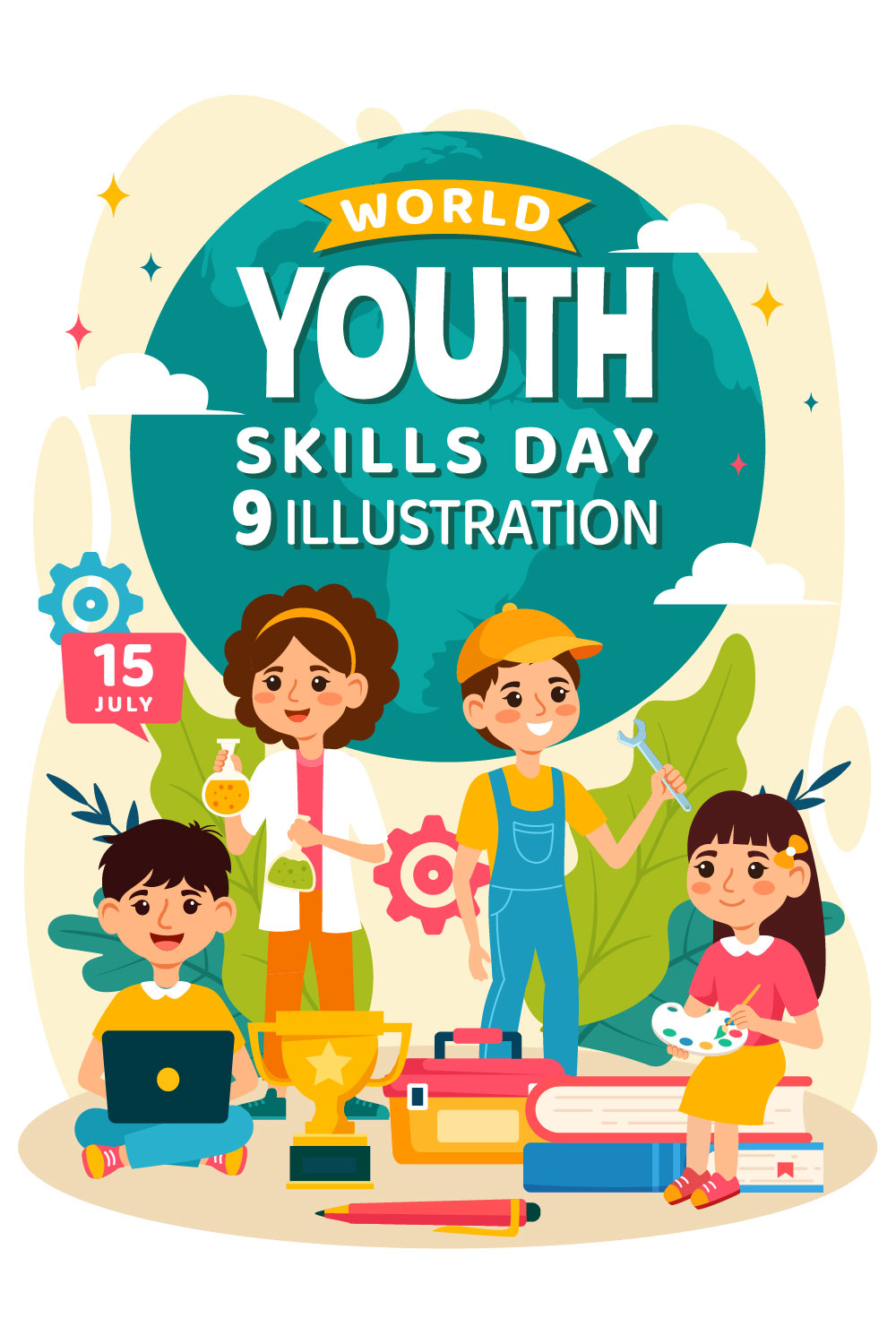 9 World Youth Skills Day Illustration pinterest preview image.