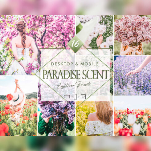 16 Paradise Scent Lightroom Presets, Summer Mobile Preset, Bright Desktop LR Filter DNG Portrait Lifestyle Top Theme Blogger Instagram cover image.