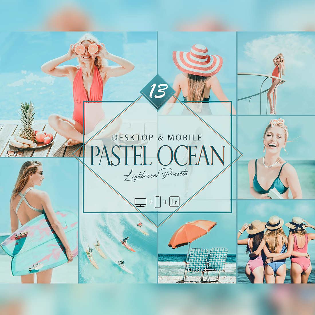 13 Pastel Ocean Lightroom Presets, Blue Beach Mobile Preset, Seaside Desktop LR Filter DNG Portrait Lifestyle Theme Blogger Instagram Sea cover image.