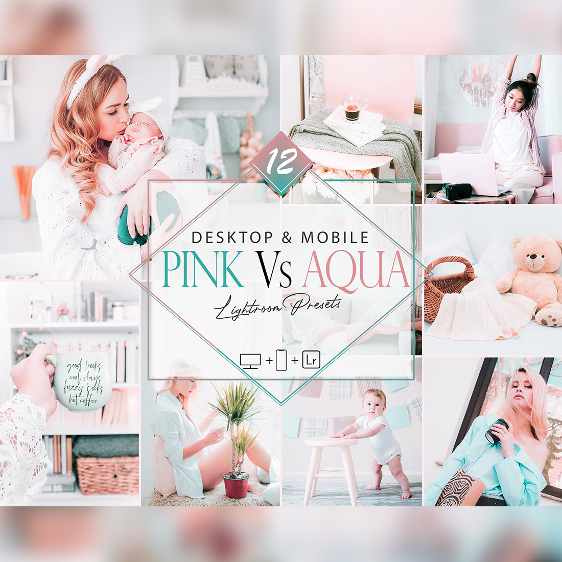 12 Mobile Lightroom Presets, Pink Vs Aqua Mobile Preset, Sweet Filter, Lifestyle Preset Instagram Presets, Blogger Preset, DNG Presets cover image.