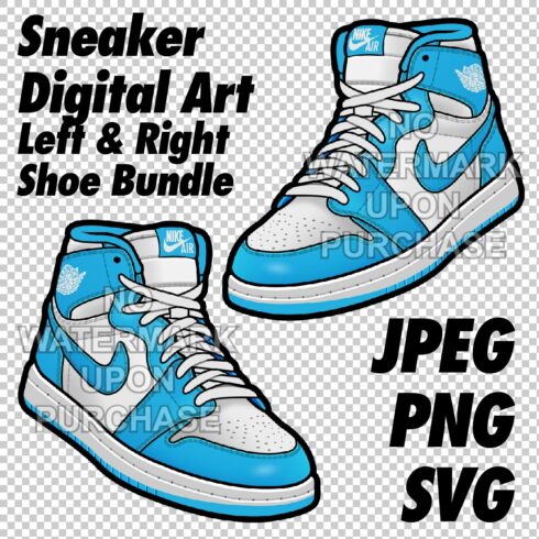 Air Jordan 1 UNC JPEG PNG SVG right & left shoe bundle Digital Sneaker Art cover image.