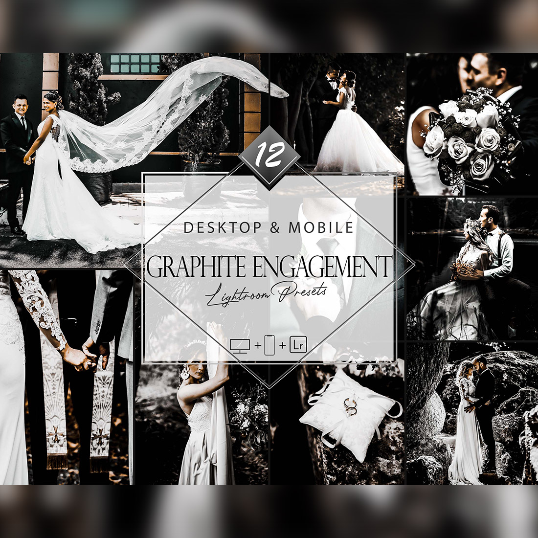 12 Graphite Engagement Lightroom Presets, Wedding Mobile Preset, Monocolor Moody Desktop LR Filter DNG Portrait Lifestyle Top Theme Blogger Instagram cover image.