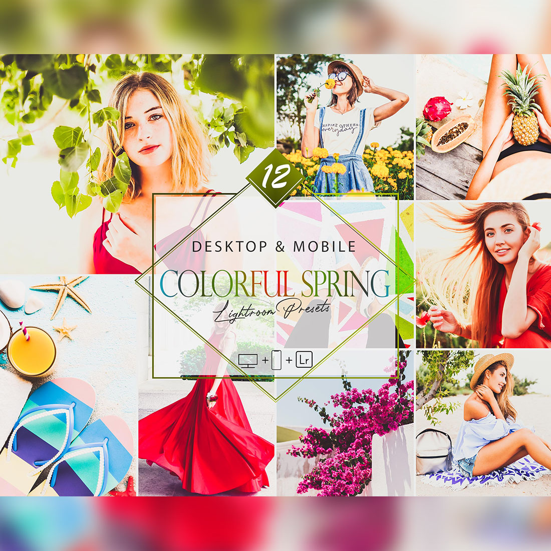 12 Colorful Lightroom Presets, Vivid Mobile Preset, Bright Spring Desktop LR Filter DNG Portrait Lifestyle Theme Blogger Instagram cover image.