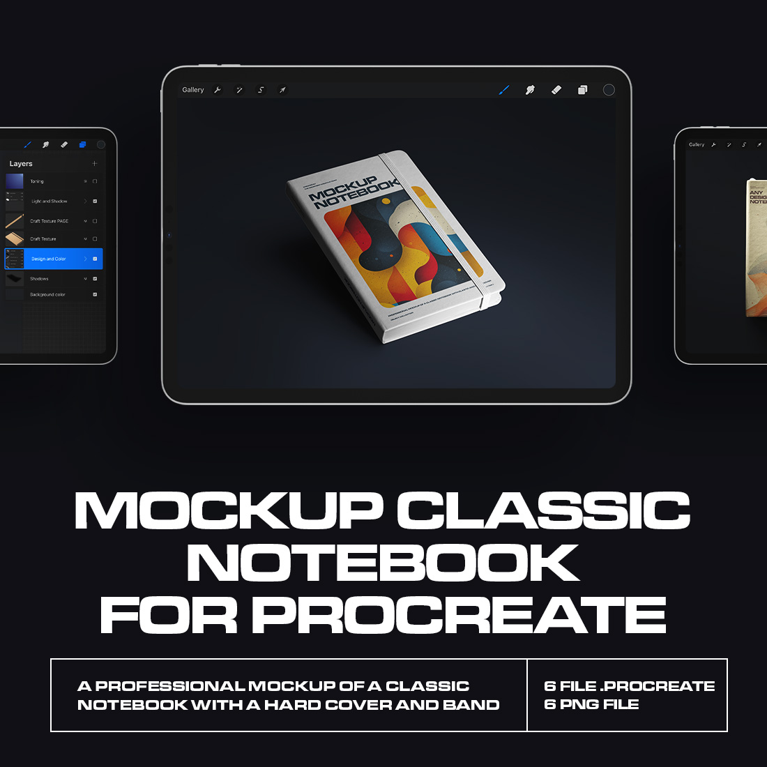 6 Mockups of Classic Notebook with Band and Hard Cover for Procreate cover image.