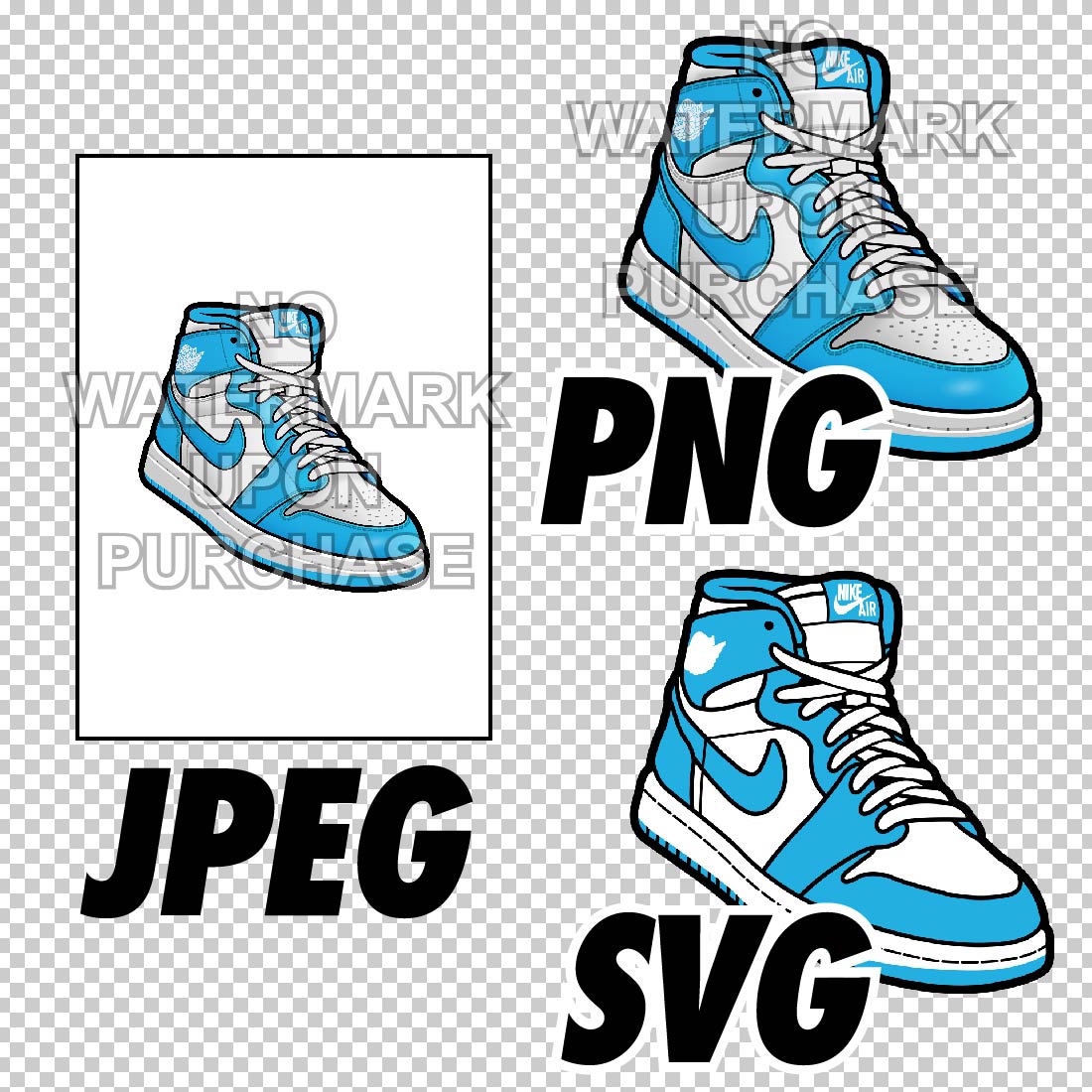 Air Jordan 1 UNC JPEG PNG SVG right & left shoe bundle Digital Sneaker Art preview image.