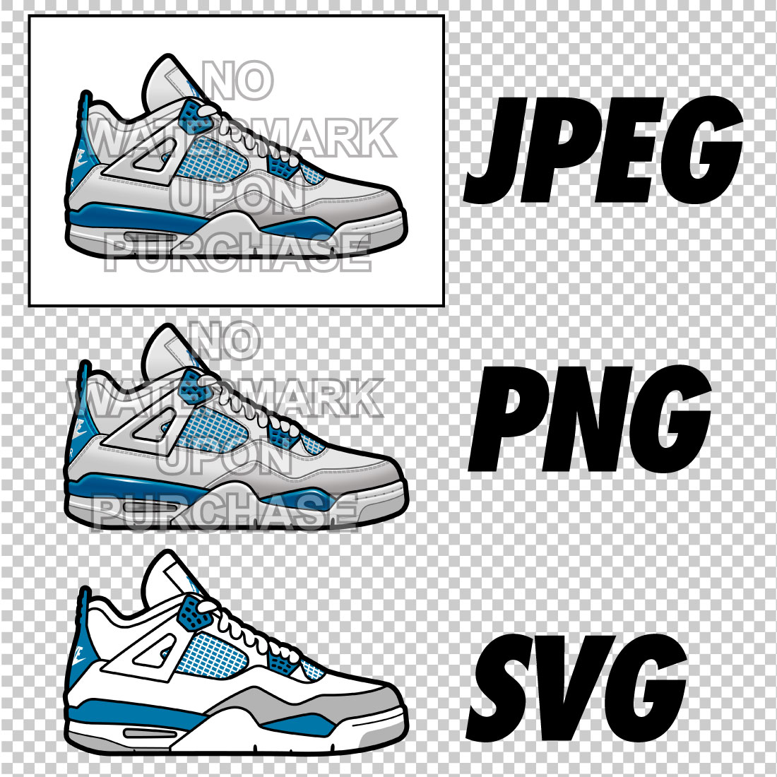 Side View Pack Air Jordan 4 Military Blue JPEG PNG SVG digital sneaker art preview image.