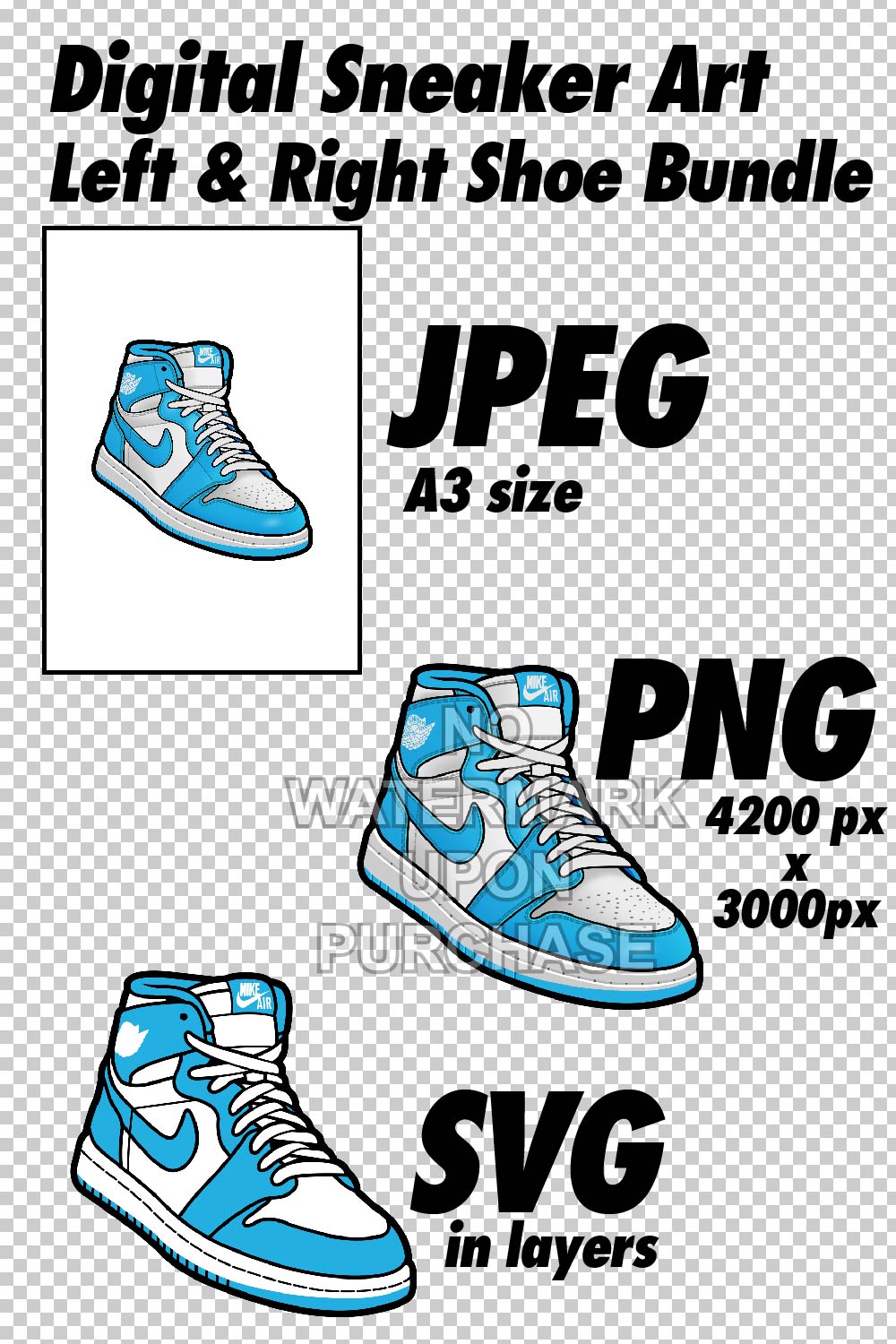 Air Jordan 1 UNC JPEG PNG SVG right & left shoe bundle Digital Sneaker Art pinterest preview image.