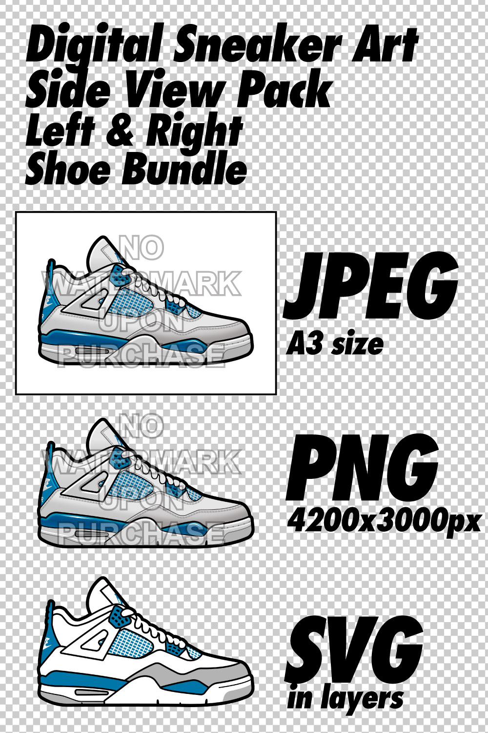 Side View Pack Air Jordan 4 Military Blue JPEG PNG SVG digital sneaker art pinterest preview image.