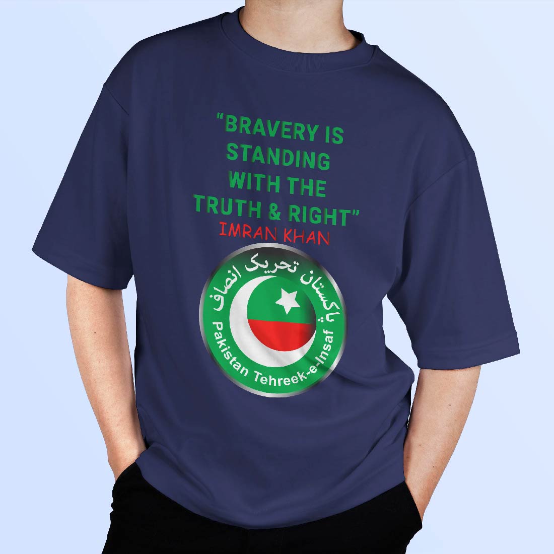 Bravery is standing with the truth and right by Imran Khan with PTI Logo T-Shirt Design preview image.