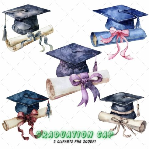 Watercolor graduation cap and diploma Clipart Bundle, graduation cap transparent background cover image.