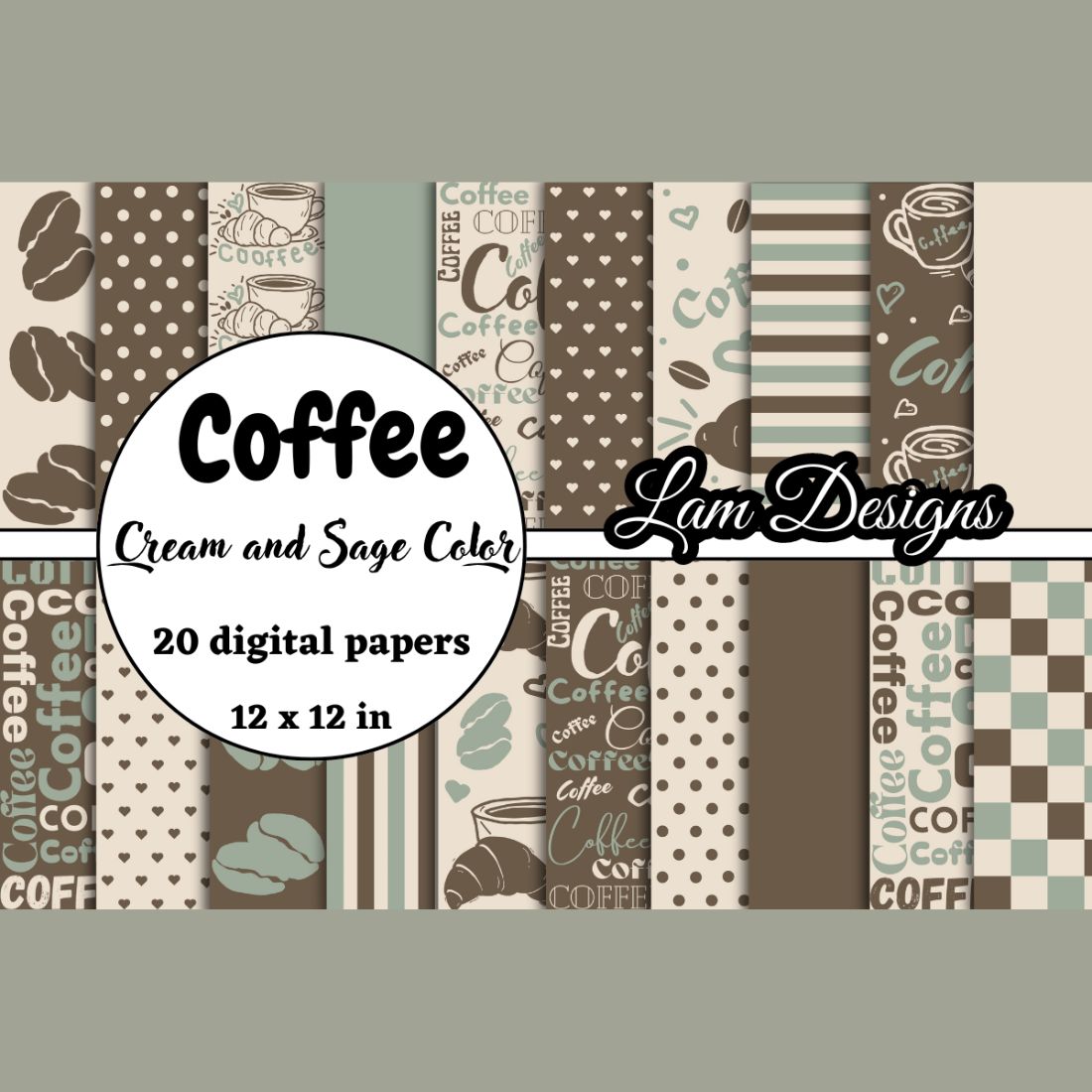 hand-drawn coffee digital papers, Cream and Sage Color cover image.