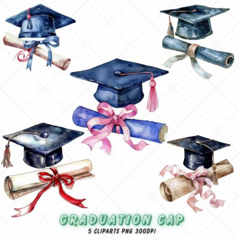 Watercolor Graduation Cap Clipart Bundle cover image.