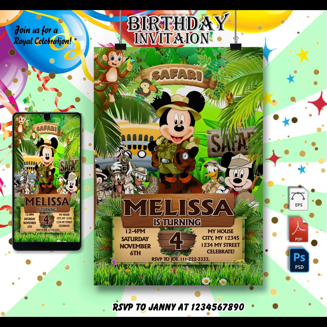 Editable Mickey Safari Invitation, Mickey Birthday Invitation Mickey Template, Mickey Jungle Party Invitation, Mickey Safari Invitation cover image.