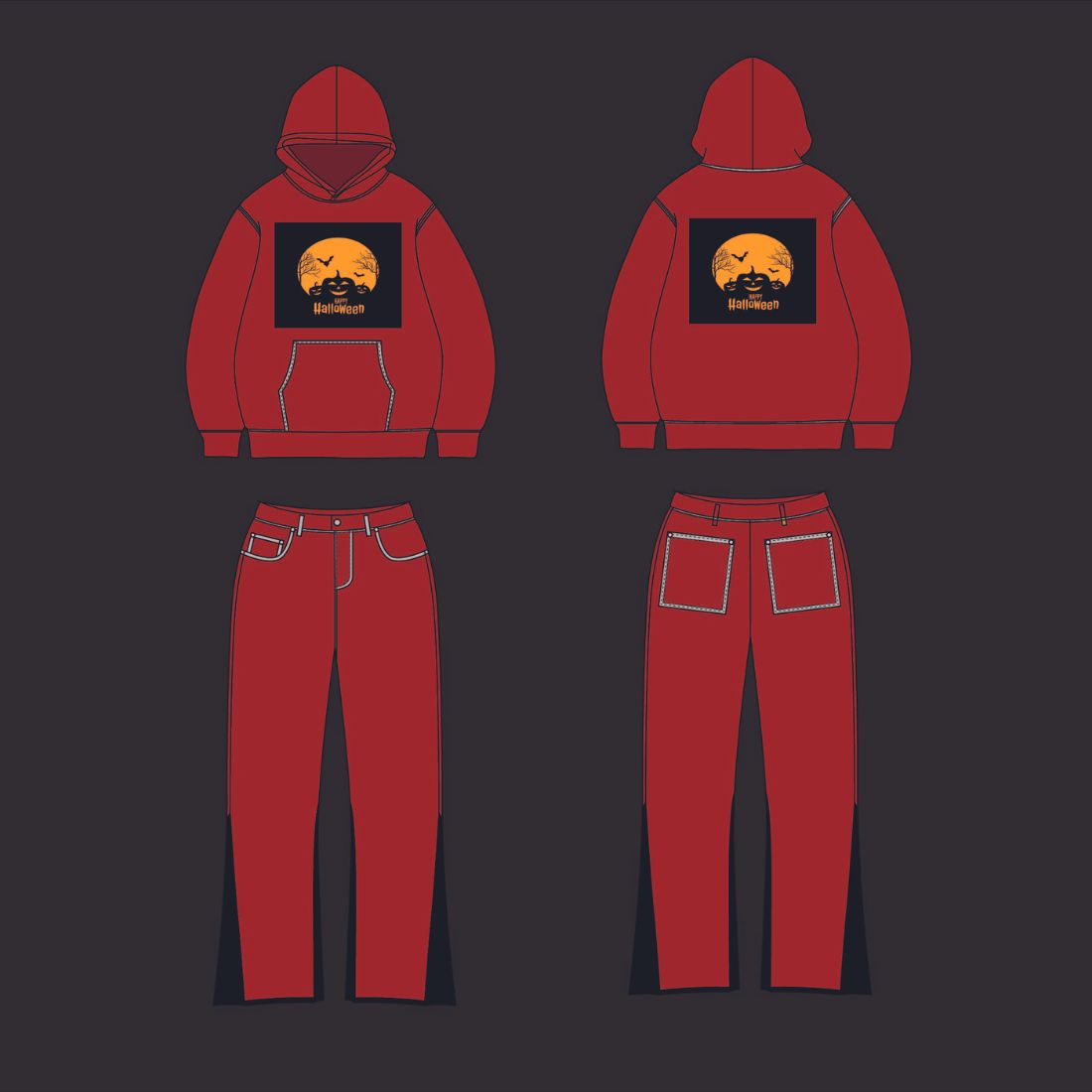 Streetwear Oversize Hoodie / Flared Joggers Vector Mockup Illustrator, Procreate, PNG, Clothing Custom svg Design Sketch Tech Pack Download preview image.