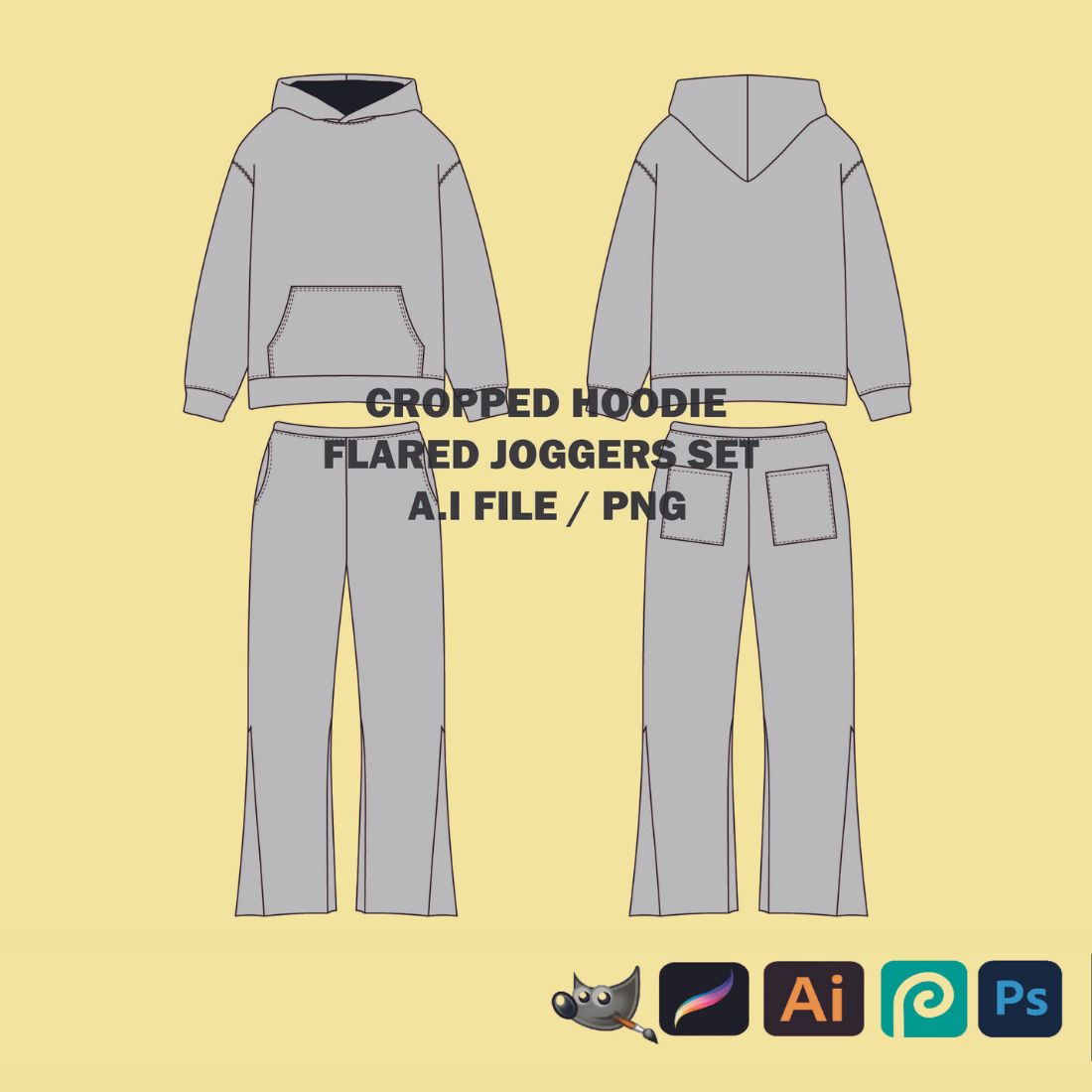 Cropped Hoodie Template Tracksuit Mockup Flared Joggers Vector Mockup Illustrator Procreate Template Design Clothing Brand Hoodie Tech Pack cover image.