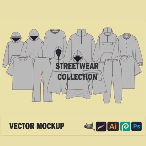 Streetwear Hoodies Clothing Vector Mockup Pack Bundle Clothing Brand Fashion Illustrator Vector Tech Pack Procreate Mockup Photoshop cover image.