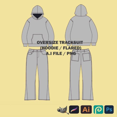 Streetwear Oversize Hoodie / Flared Joggers Vector Mockup Illustrator, Procreate, PNG, Clothing Custom svg Design Sketch Tech Pack Download cover image.