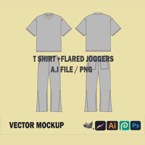 Streetwear Vector T shirt Template Flared Joggers Template Vector Tech Pack Illustrator Mockup Procreate Clothing Design Sketch Flat Drawing T-Shirt Fashion Tech pack Clothing Template cover image.
