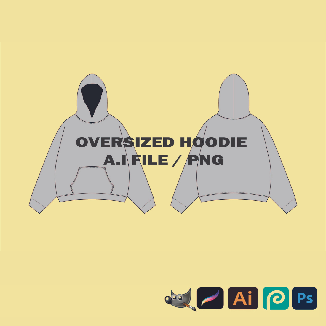 Streetwear Hoodie Sweatshirt Mockup Vector Adobe Illustrator, Procreate, PNG, Clothing Template Sketch Tech Pack - Download cover image.