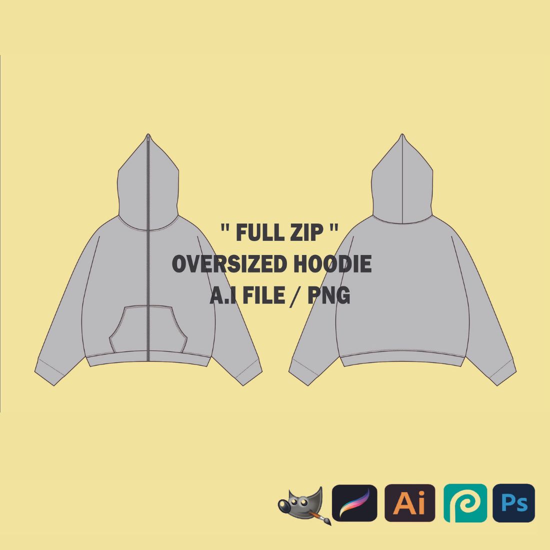 Streetwear Vector Full Zip Mockup Up Hoodie Template Sweatshirt Mockup Vector Tech Pack Illustrator Template Procreate Mockup Clothing Flat cover image.