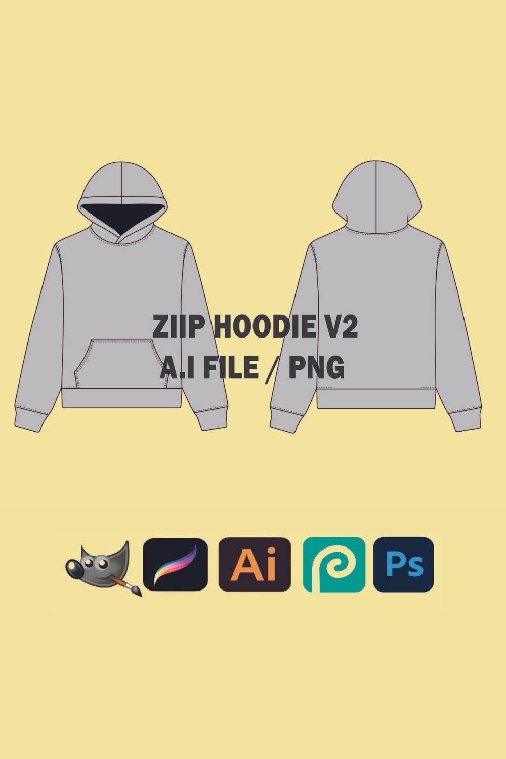 Streetwear Oversize Zip Up Hoodie Sweatshirt Mockup Vector Adobe Illustrator, Procreate, PNG, Clothing Template Sketch Tech Pack - Download pinterest preview image.