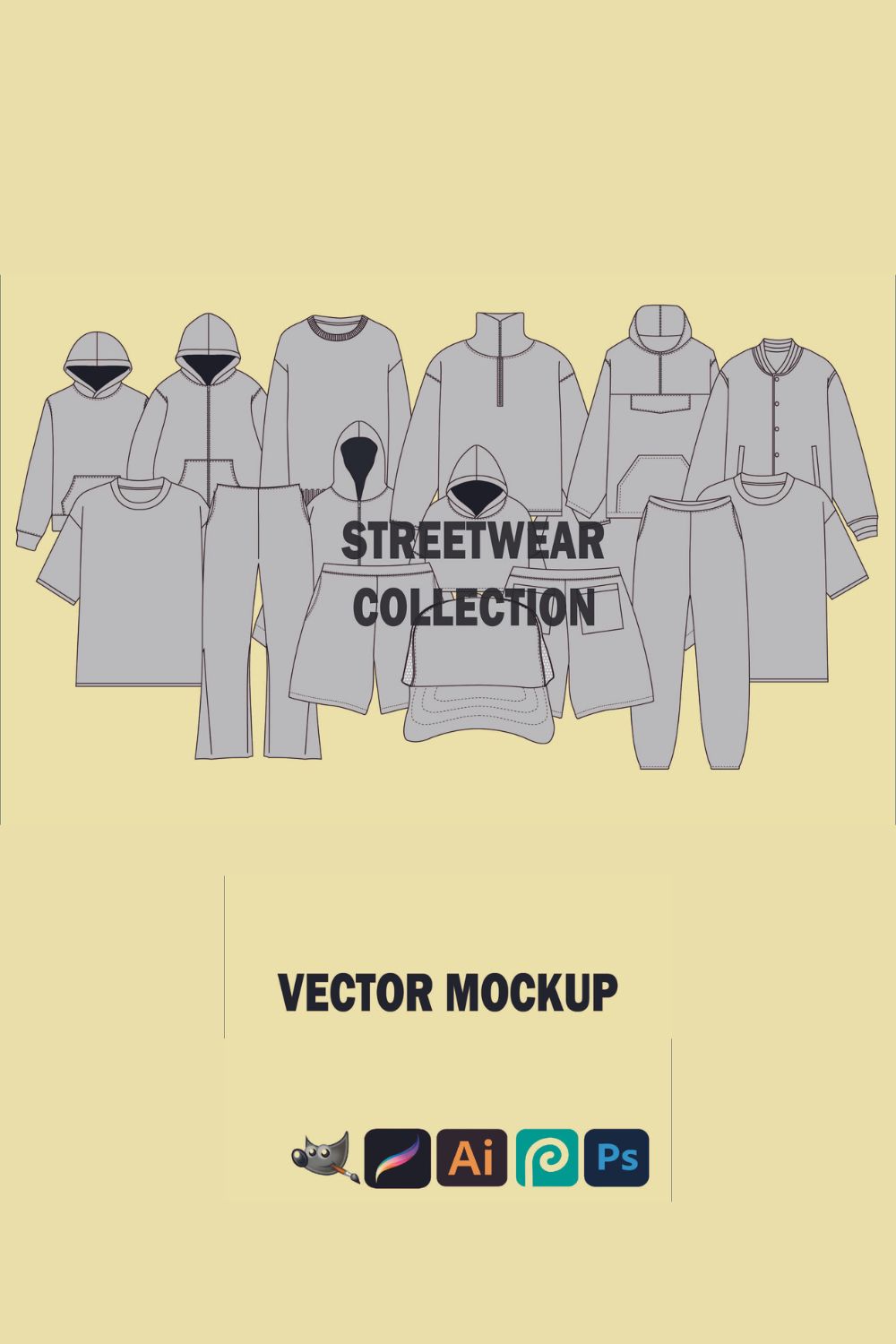 Streetwear Hoodies Clothing Vector Mockup Pack Bundle Clothing Brand Fashion Illustrator Vector Tech Pack Procreate Mockup Photoshop pinterest preview image.