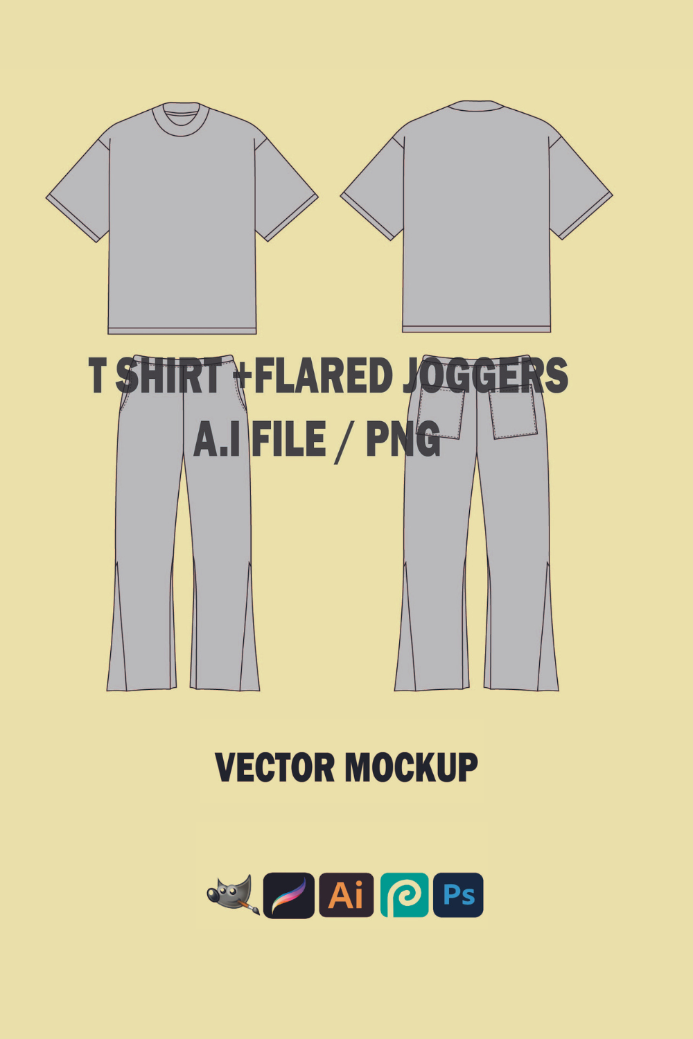 Streetwear Vector T shirt Template Flared Joggers Template Vector Tech Pack Illustrator Mockup Procreate Clothing Design Sketch Flat Drawing T-Shirt Fashion Tech pack Clothing Template pinterest preview image.
