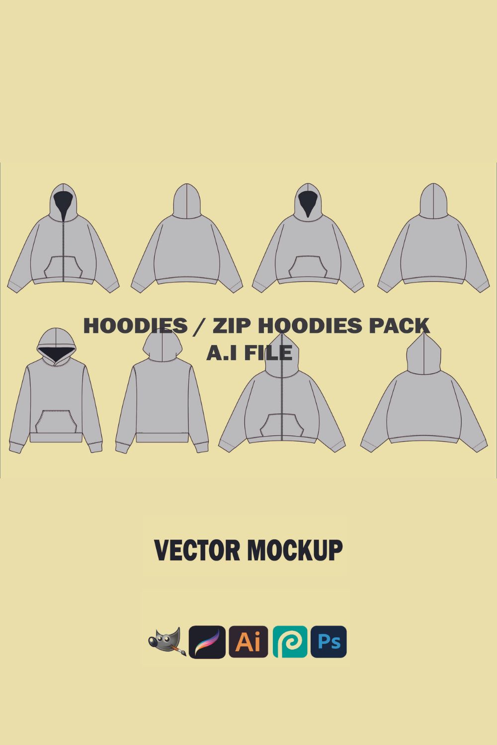 Streetwear Hoodie Template Streetwear Vector Tech Pack Vector Mockup Pack Bundle Illustrator Template Bundle Procreate Mockup Clothing Flat pinterest preview image.