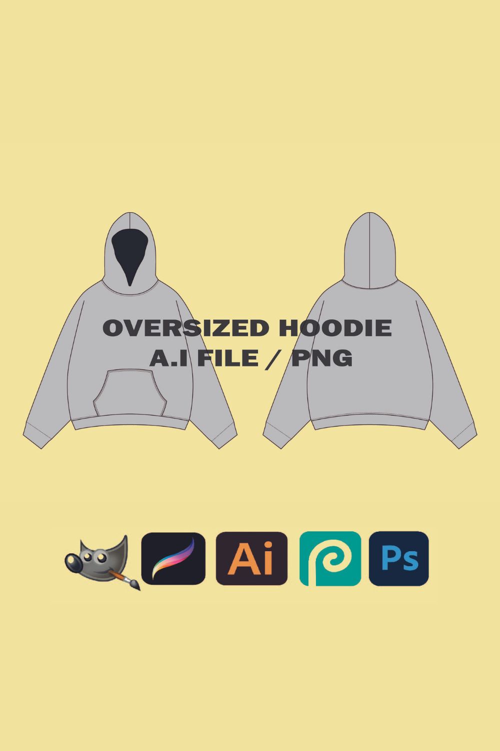 Streetwear Hoodie Sweatshirt Mockup Vector Adobe Illustrator, Procreate, PNG, Clothing Template Sketch Tech Pack - Download pinterest preview image.