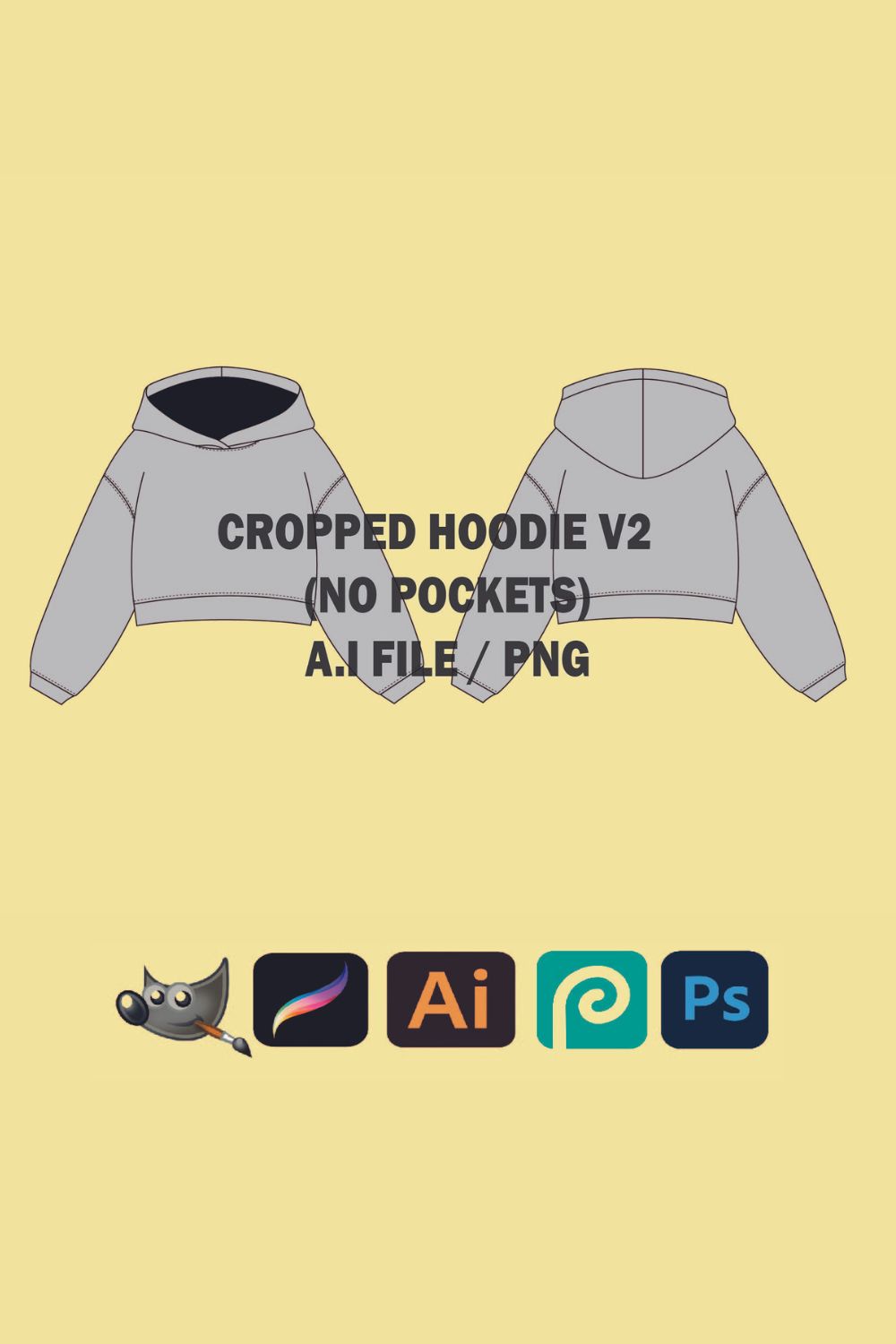 Cropped Hoodie Template Hoodie Mockup V2 Streetwear Vector Adobe Illustrator Procreate Template PNG Clothing Digital Design Sketch Tech Pack pinterest preview image.