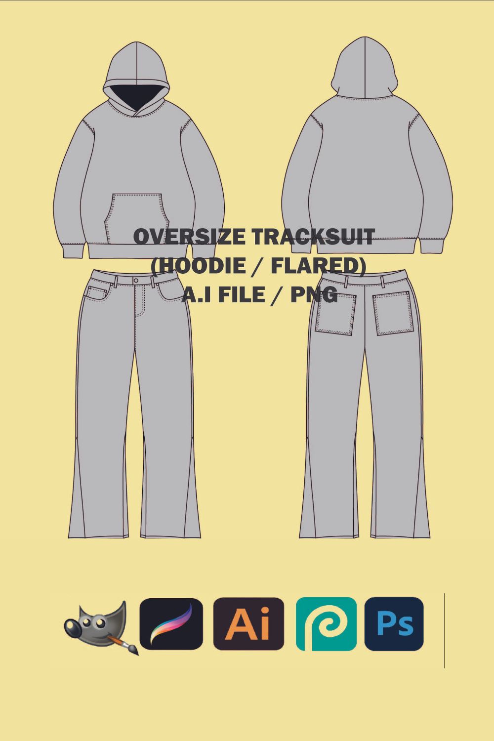 Streetwear Oversize Hoodie / Flared Joggers Vector Mockup Illustrator, Procreate, PNG, Clothing Custom svg Design Sketch Tech Pack Download pinterest preview image.