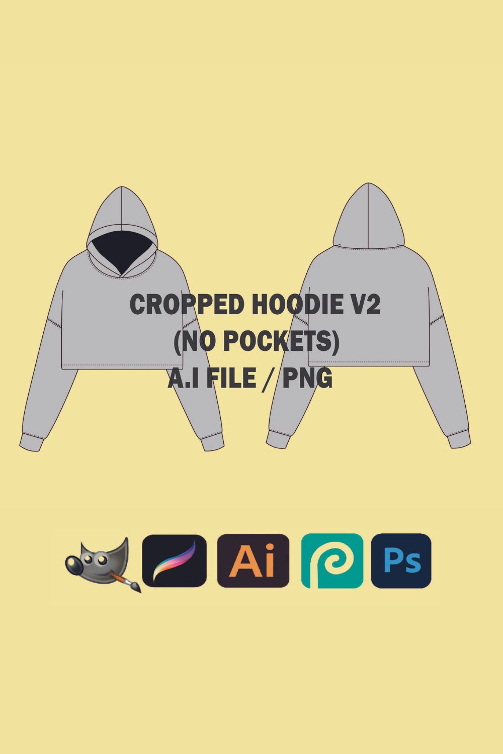 Cropped Hoodie Template Hoodie Mockup V2 Streetwear Vector Adobe Illustrator Procreate Template PNG Clothing Digital Design Sketch Tech Pack pinterest preview image.