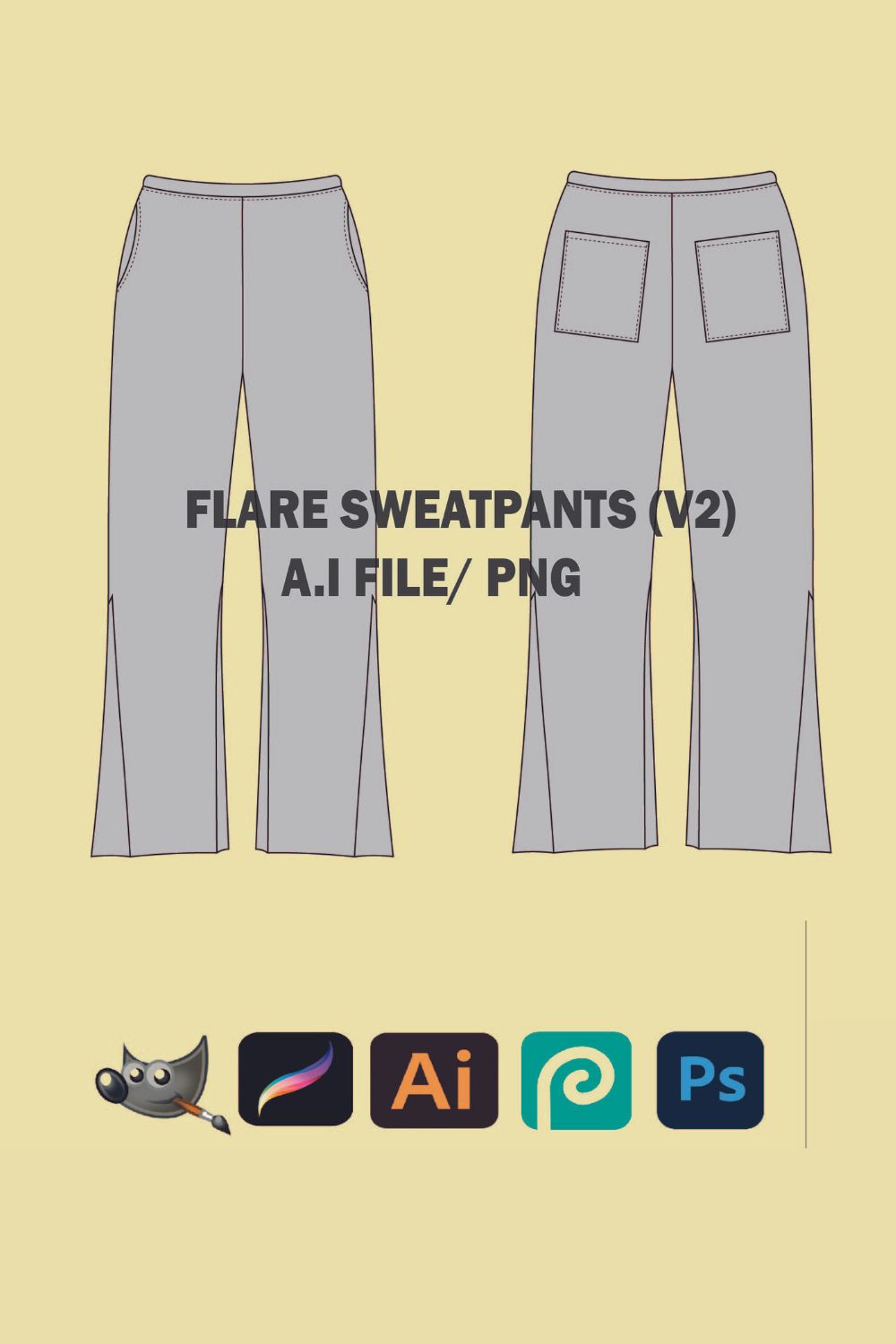 Streetwear Vector Tech Pack Flared Joggers Mockup Illustrator Procreate Mockup Clothing Vector Template Clothing Brand Blank Design Sketch Tech Pack - Download pinterest preview image.