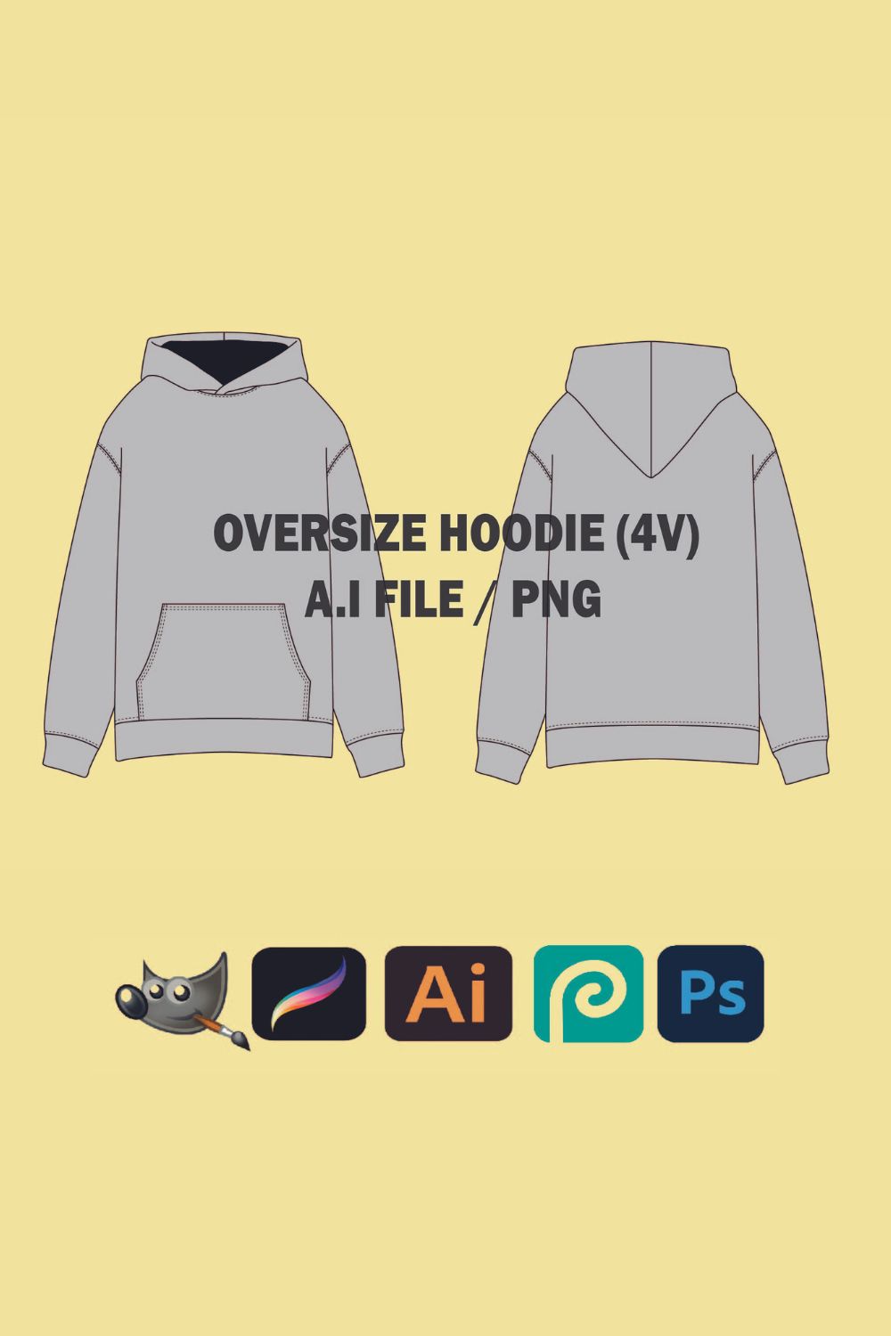 Streetwear Mockup Vector Hoodie Template Illustrator Tech Pack Hoodie Mockup Procreate Template Clothing Design flat drawing Clothing brand pinterest preview image.