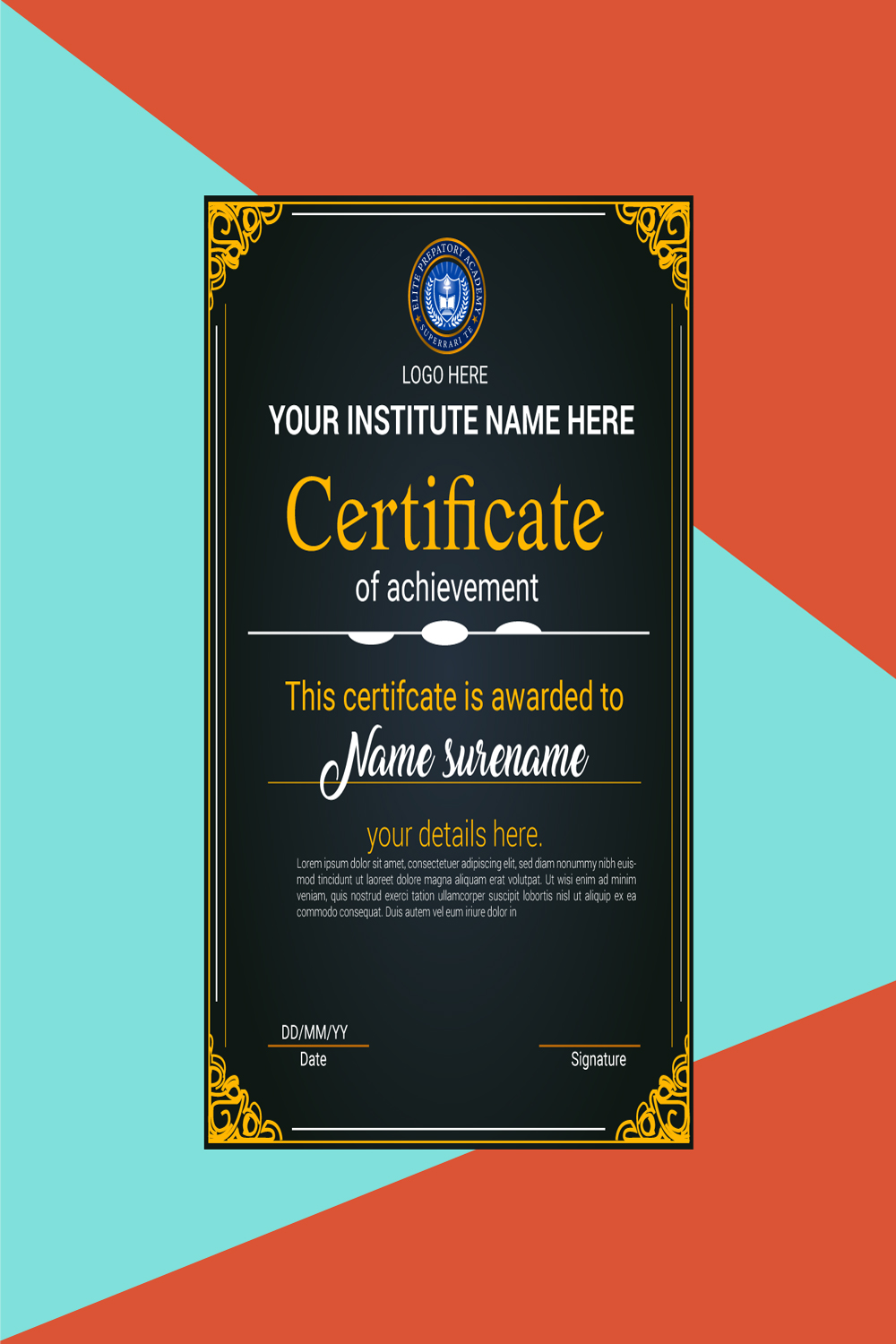 School, Academy or any Educational Institute Certificate Design pinterest preview image.