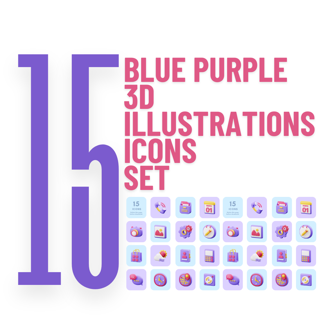 Blue Purple 3D Illustrations Icons Set preview image.