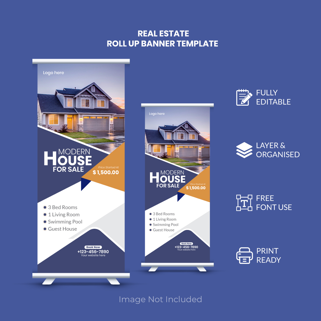 Modern and colorful Roll-up banner design template preview image.