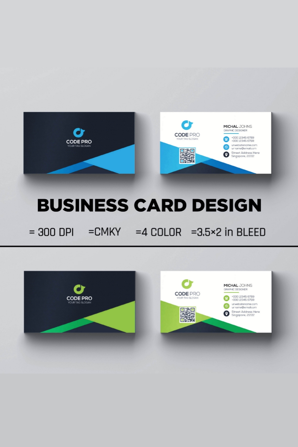 A Business Card Design template with 4 color variation pinterest preview image.